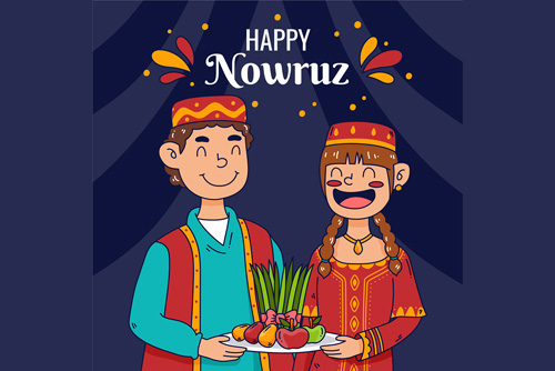 وکتور EPS و Ai لایه باز طرح گرافیکی و کارتونی شامل دختر و پسری در حال خندیدن و در دست داشتن هفت سین ویژه عید نوروز